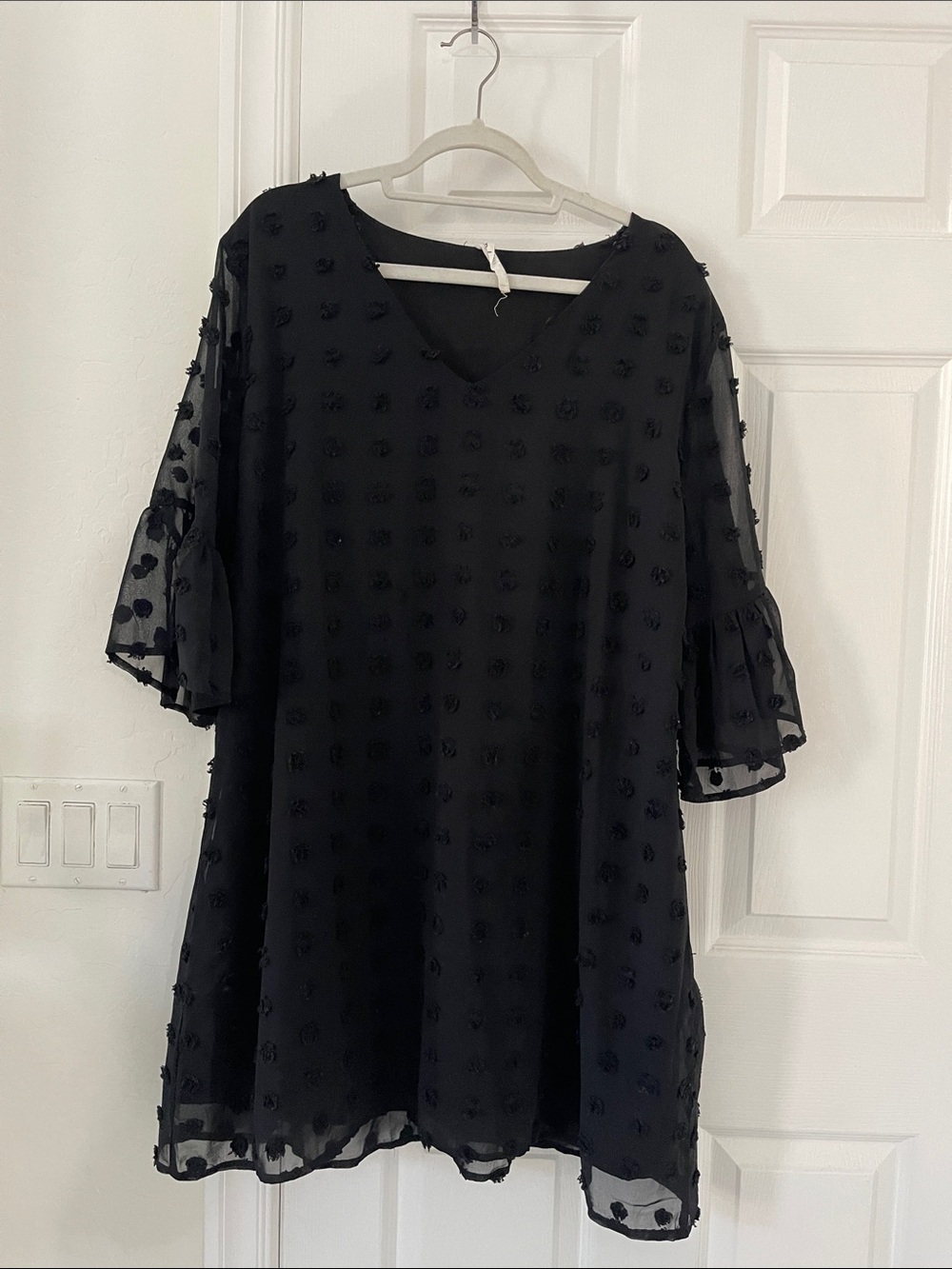 Black Textured Dot Mini Dress with V-Neck